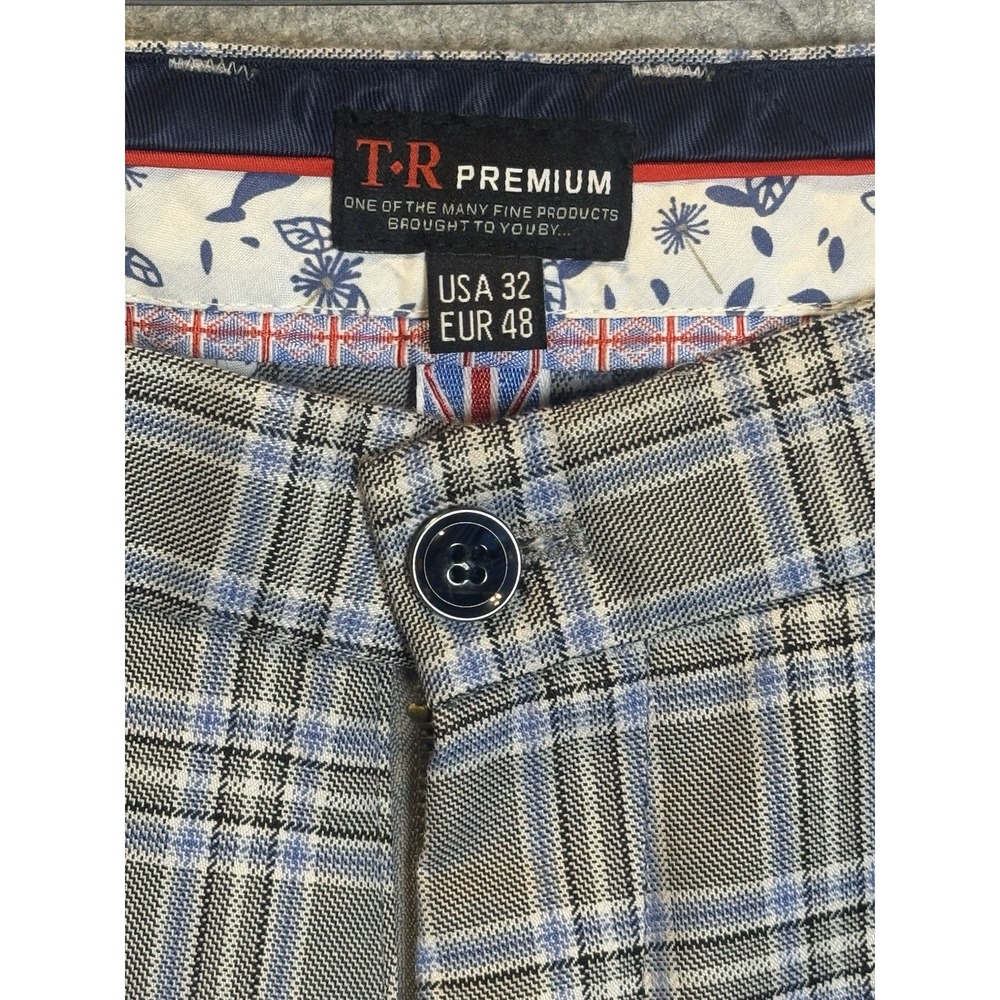 TR Premium Men's Plaid Tailored Pants 32 Gray Blue Stretch Slim Fit Trousers - Picture 8 of 16